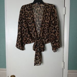 Leopard Print Sheer Tie Front Blouse